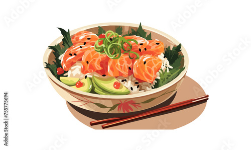 Hawaiian poke bowl with tuna salmon shrimp with isolated vector style illustration