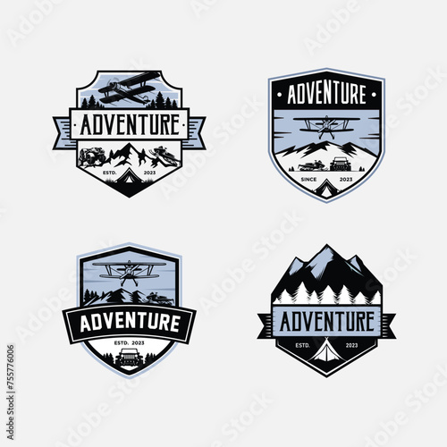 Set of outdoor mountain emblem nature logo - pine tree, plane, and adventure outdoor expedition