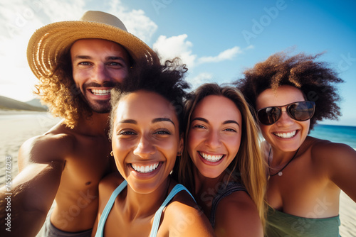Group of friends having fun on beach, multiracial or diverse friends on vacation, Smiling people taking selfie on tropical island
