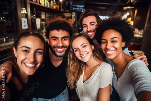 Diverse group of friend having fun in a bar, Happy and smiling friends taking selfie in a pub