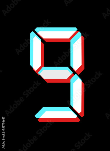 White digital number nine with blue green and red flicker effect against black background. Illustration made March 11th, 2024, Zurich, Switzerland.