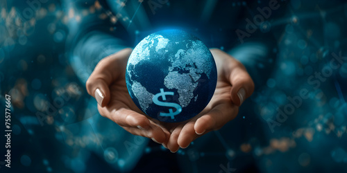 Hands Holding Globe with Icons Global Connectivity , Close up of human hands holding Earth planet 