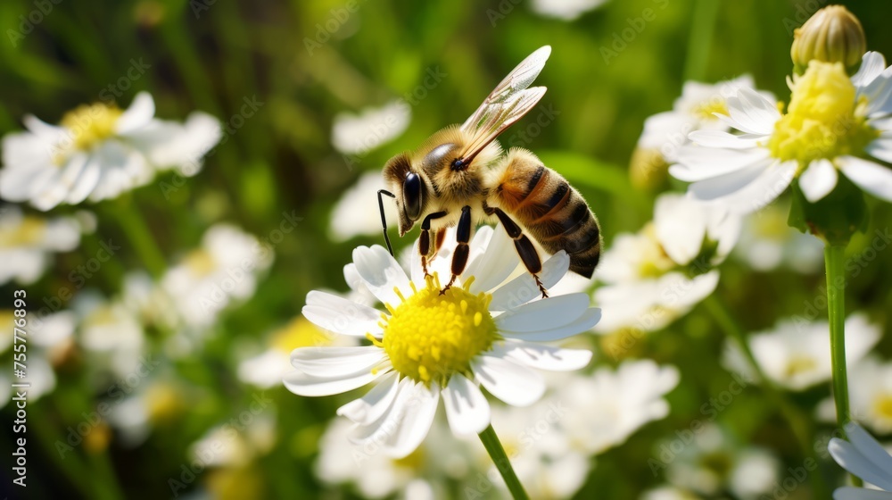 A bee pollinating a cluster of wildflowers A bee pollinating a cluster of wildflowers