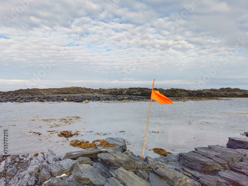 A flag on the rocky coast of the Barents Sea. Beautiful view of the cliffs and the coast of the Rybachy and Sredny peninsulas, Murmansk region, the harsh beauty of the north photo