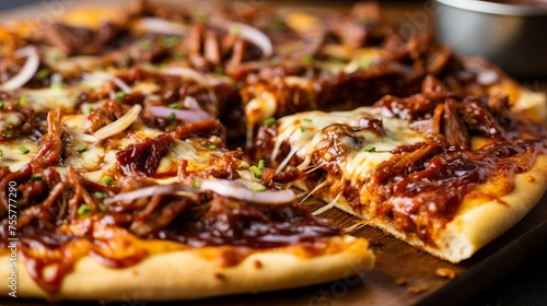 A closeup of a bbq brisket pizza with barbecue sauce