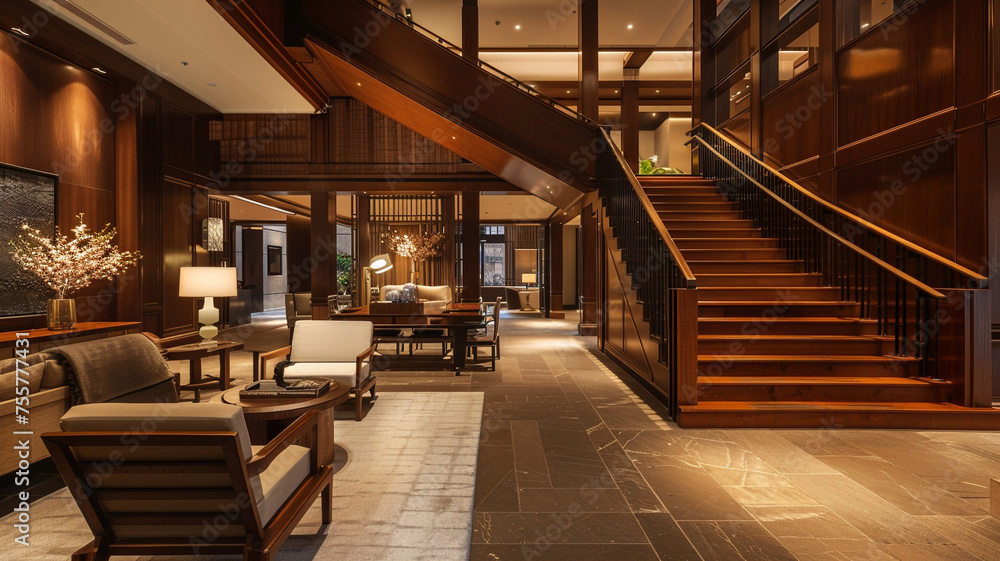 Incorporating a staircase in warm caramel tones, accented with rustic wooden details, to bring a sense of warmth and coziness to the lobby.