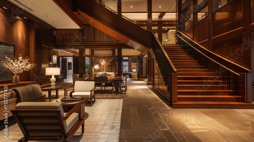 Incorporating a staircase in warm caramel tones  accented with rustic wooden details  to bring a sense of warmth and coziness to the lobby.