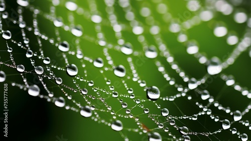 A closeup of a spiderweb adorned with dewdrops