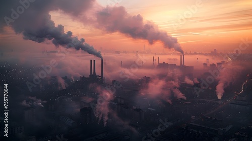 Industrial City Dawn Drone Perspective on Air Pollution and Environmental Impact