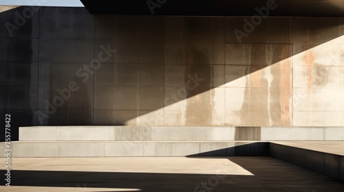 A dramatic play of light and shadow on textured brutalist surfaces
