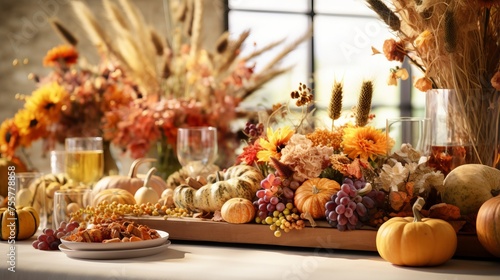 A harvest table with autumn themed centerpieces