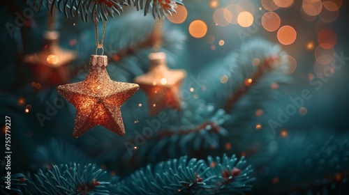 Starry string of lights hanging on branches of a fir tree against an abstract background