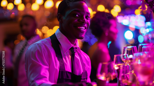 Barman working in a bar with neon colours 