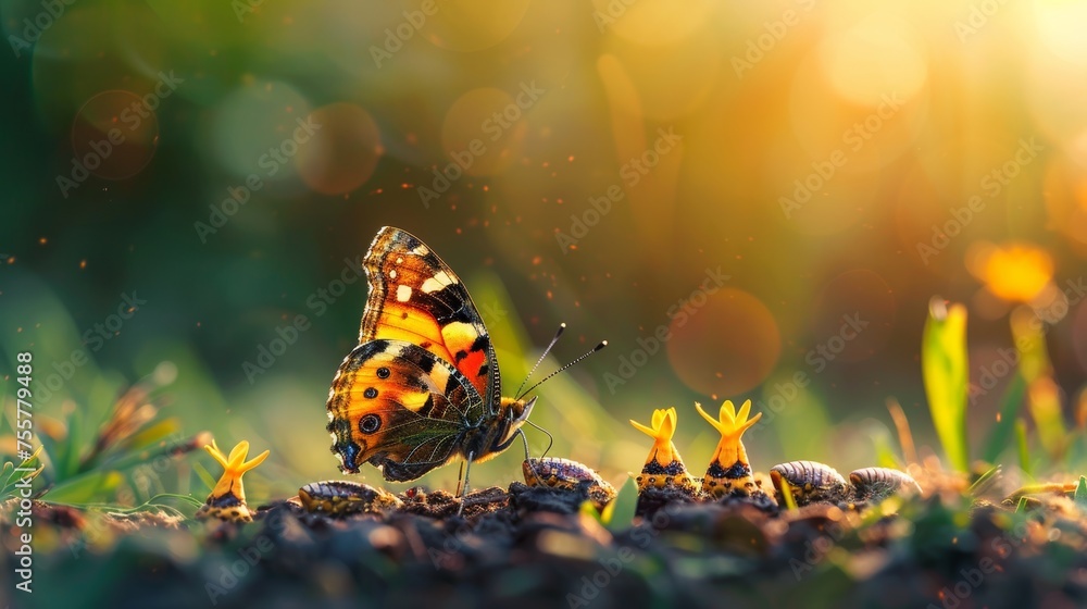 An image of a butterfly changing from a caterpillar to a butterfly, in a futuristic digital style. A concept for a successful startup, investment, or business transformation. - obrazy, fototapety, plakaty 