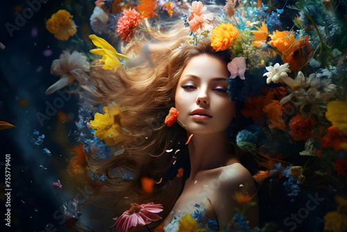 Beautiful girl with lush hair flowers abstraction yellow flower petals.