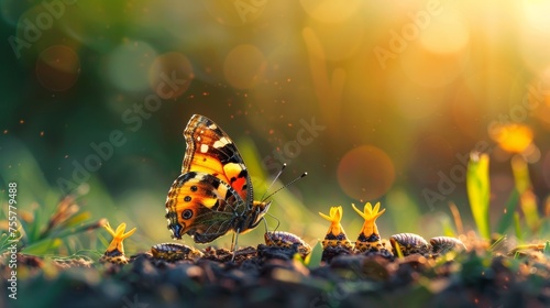 An image of a butterfly changing from a caterpillar to a butterfly, in a futuristic digital style. A concept for a successful startup, investment, or business transformation.