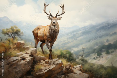 A watercolor painting of a deer standing on a rock at the edge of a cliff.