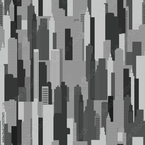 A seamless pattern of a city skyline in black and white