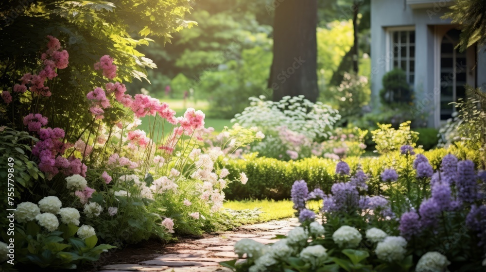 A peaceful garden with blooming flowers and greenery gives you space for subtle independence day text