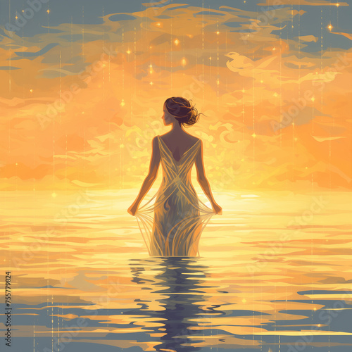 Beach Sunset Yoga: A serene silhouette of a woman meditating on the shore as the sun sets, embracing nature's beauty and promoting health through yoga by the ocean