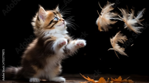 A playful kitten chasing a feather with enthusiasm