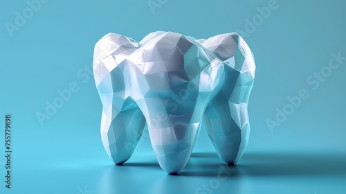 An illustration of tooth enamel cleaning or dental whitening in a futuristic polygonal style. Dental oral hygiene isolated on a blue background.