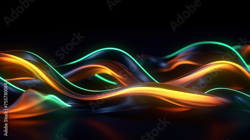 3D render of glowing neon of twisted lines or neural network with colorful neon light on a dark background.