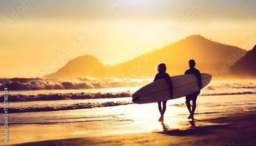 Scenic view of Silhouette of surfer people carrying their surfboards on sunset beach on digital art concept.
