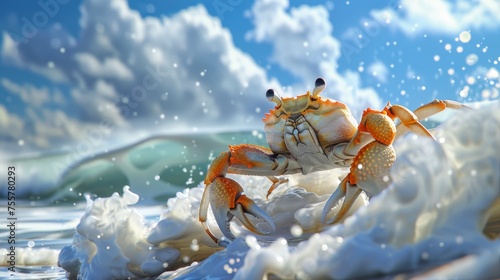 A crab is sitting on top of a wave in the ocean, AI