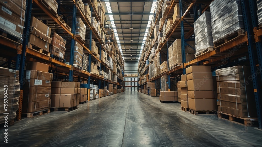 Warehouse filled with boxes and pallets, logistics and storage concepts.