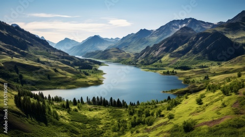 A serene lake nestled in a mountainous landscape