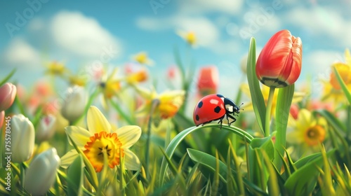 A ladybug sitting on top of a bunch of flowers, AI