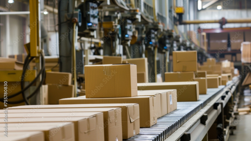Conveyor belt in factory moves boxes, a symbol of efficiency and constant distribution.