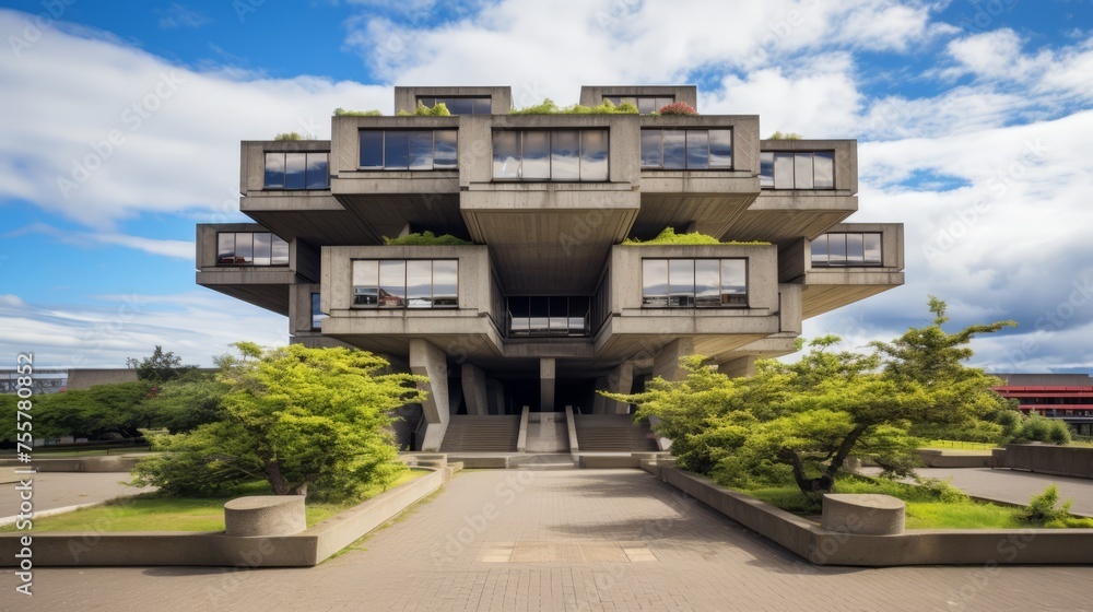 A striking exterior view of a brutalist architecture masterpiece