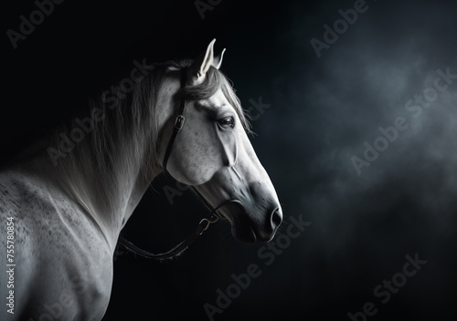 white stallion with long mane run against dramatic sky in dust a white horse stands in the water in a pond at sunset in the darkness and of fog light a racer runner stallion beautiful photo close shot