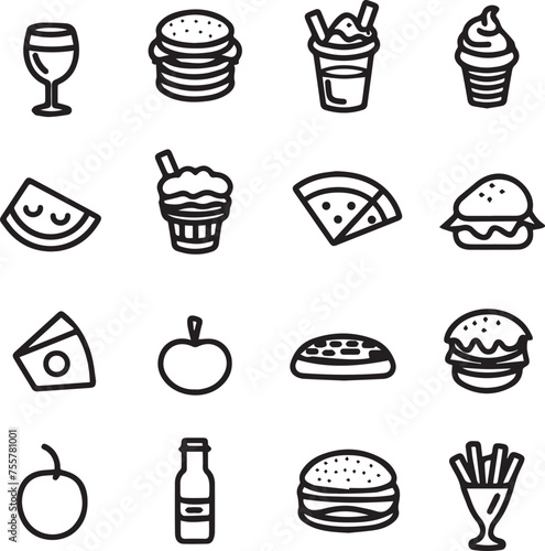 Food and drink icons set vector black outline logo white background	