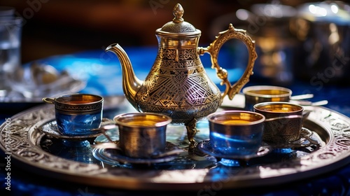 A traditional moroccan tea ceremony with ornate teapots and glasses
