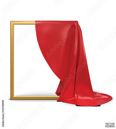 Red Silk fabric unveiling a golden empty frame isolated on white background. Red satin covered objects. 3d vector illustration.