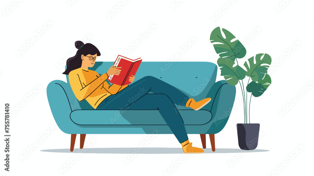 Woman reading book in sofa flat vector isolated on white background 