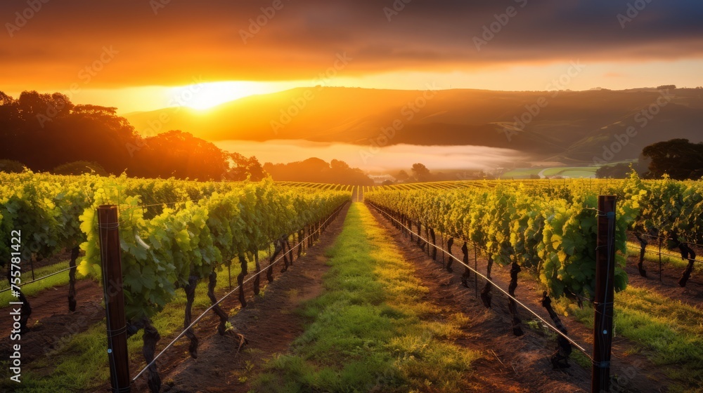 A vineyard with rows of grapevines at sunrise