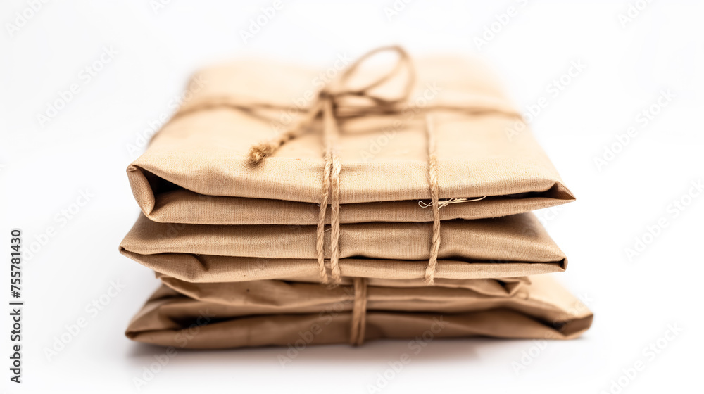 Stacked canvas packages tied with string.