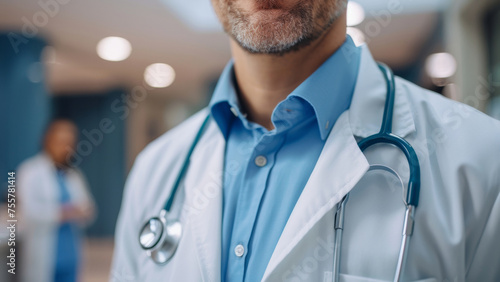Confident male doctor with a stethoscope in a clinical setting, colleague in the background.