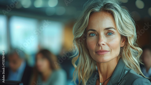 Professional woman with a confident smile in a business meeting context.