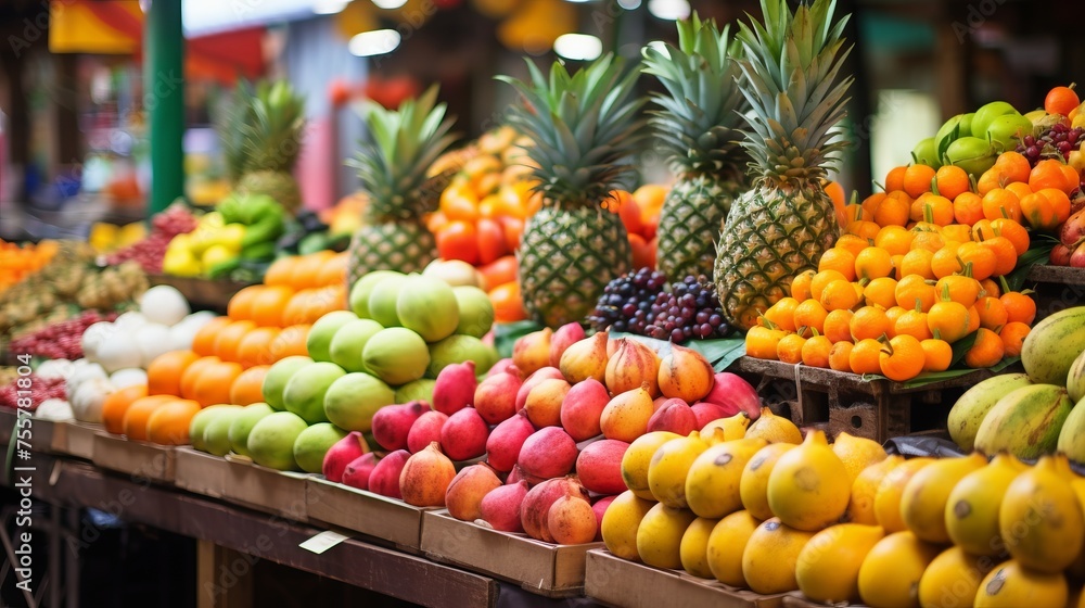 An exotic fruit market with a vibrant display of tropical fruits