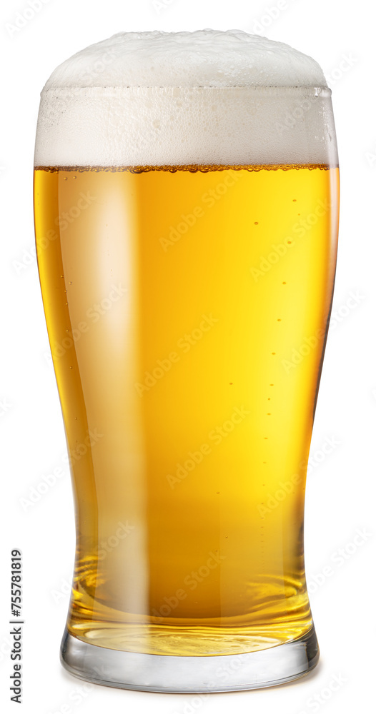 Glass of chilled light beer with beer foam head isolated on white background. Clipping path. Glass of chilled light beer with beer foam head isolated on white background. Clipping path.
