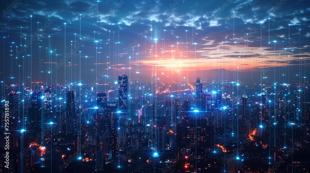 Obraz premium A futuristic city networked with fiber optic cables, enabling ultra-fast internet and smart city technologies