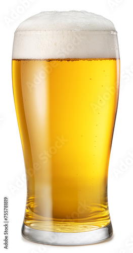 Glass of chilled light beer with beer foam head isolated on white background. Clipping path.