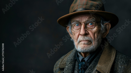 Thoughtful elderly man with checkered hat and deep life stories in his eyes.
