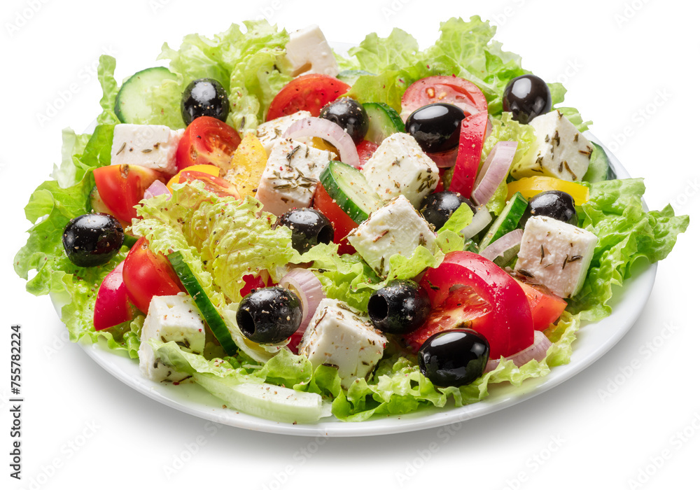 Greek salad on white plate isolated on white background. File contains clipping path. Greek salad on white plate isolated on white background. File contains clipping path.