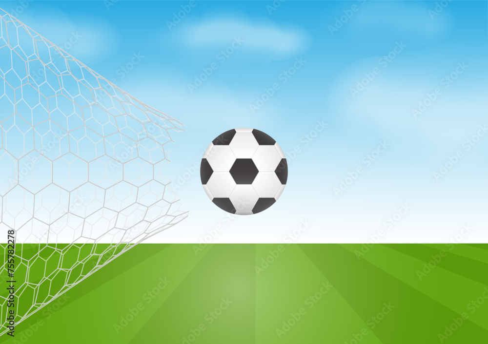 Naklejka premium Football or Soccer Ball in Goal. Football Championship. Soccer Banner Template for Poster. Vector Illustration. 